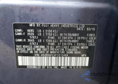 2015 Subaru Outback 2.5I Premium z USA, uszkodzony, nr VIN 4S4BSAFC4F3313484